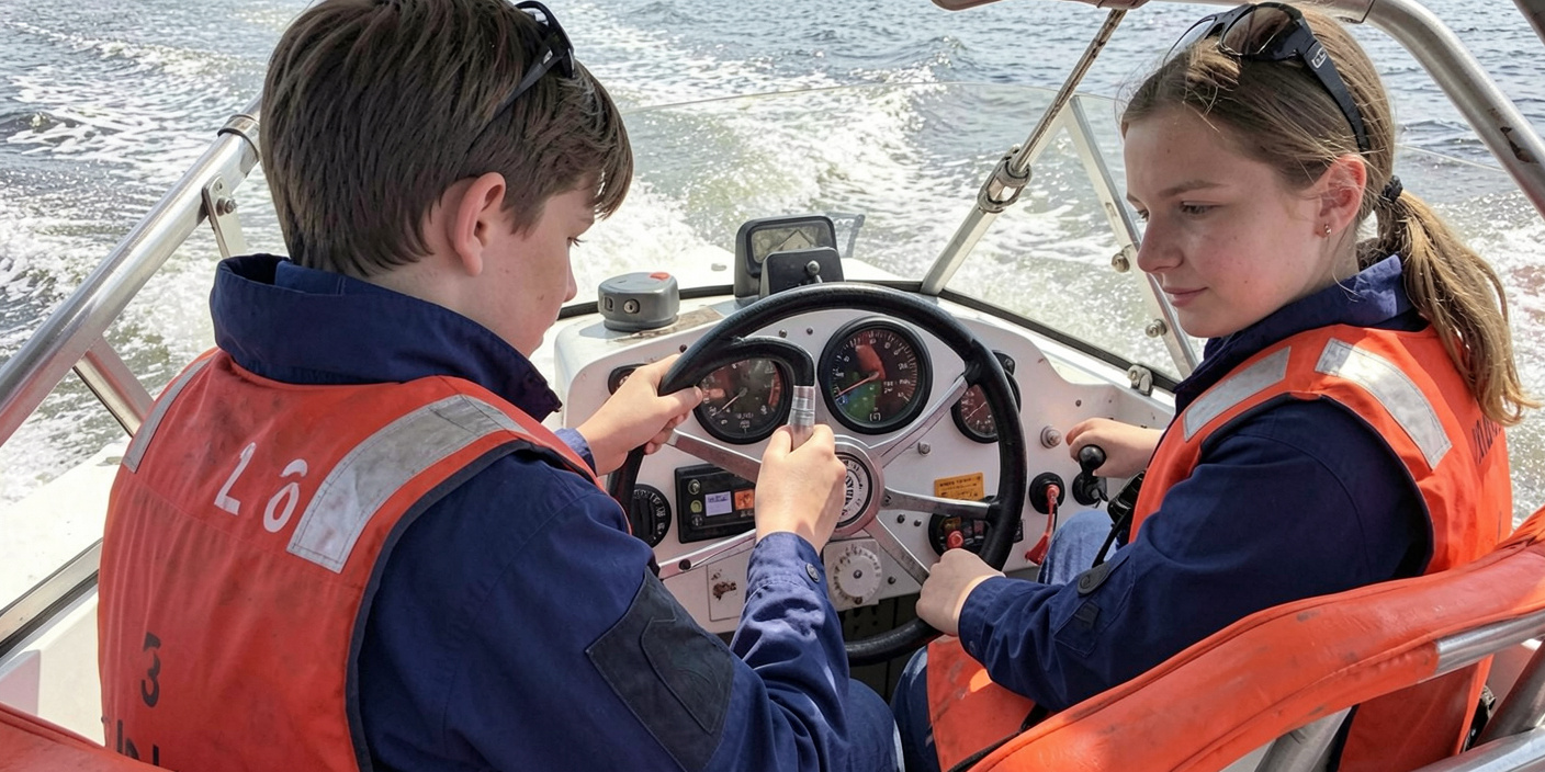 Person learning to steer a small motorboat on a river with instructor beside them